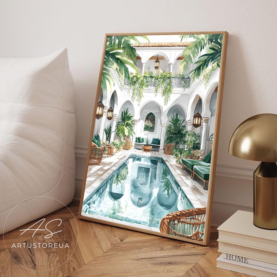 Morocco Watercolor Poster Print, Moroccan Courtyard