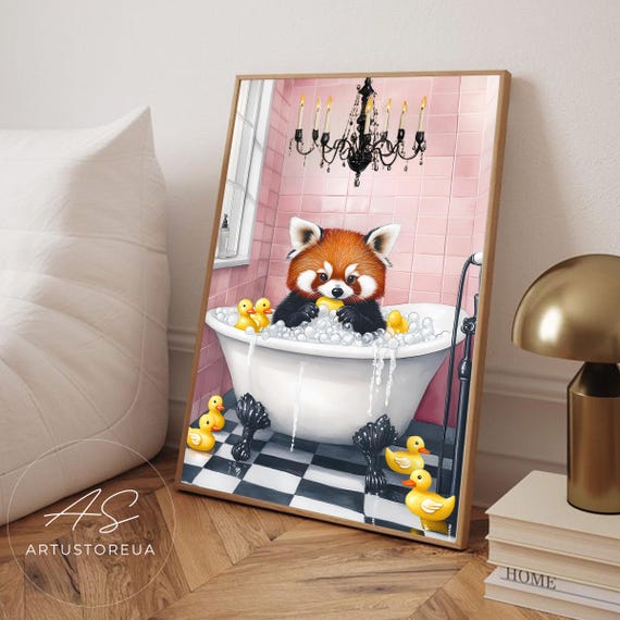 Red Panda Bubble Bath Animal Bathroom Art Print Pink Tile Wall Relaxing Bathtime Yellow Ducks