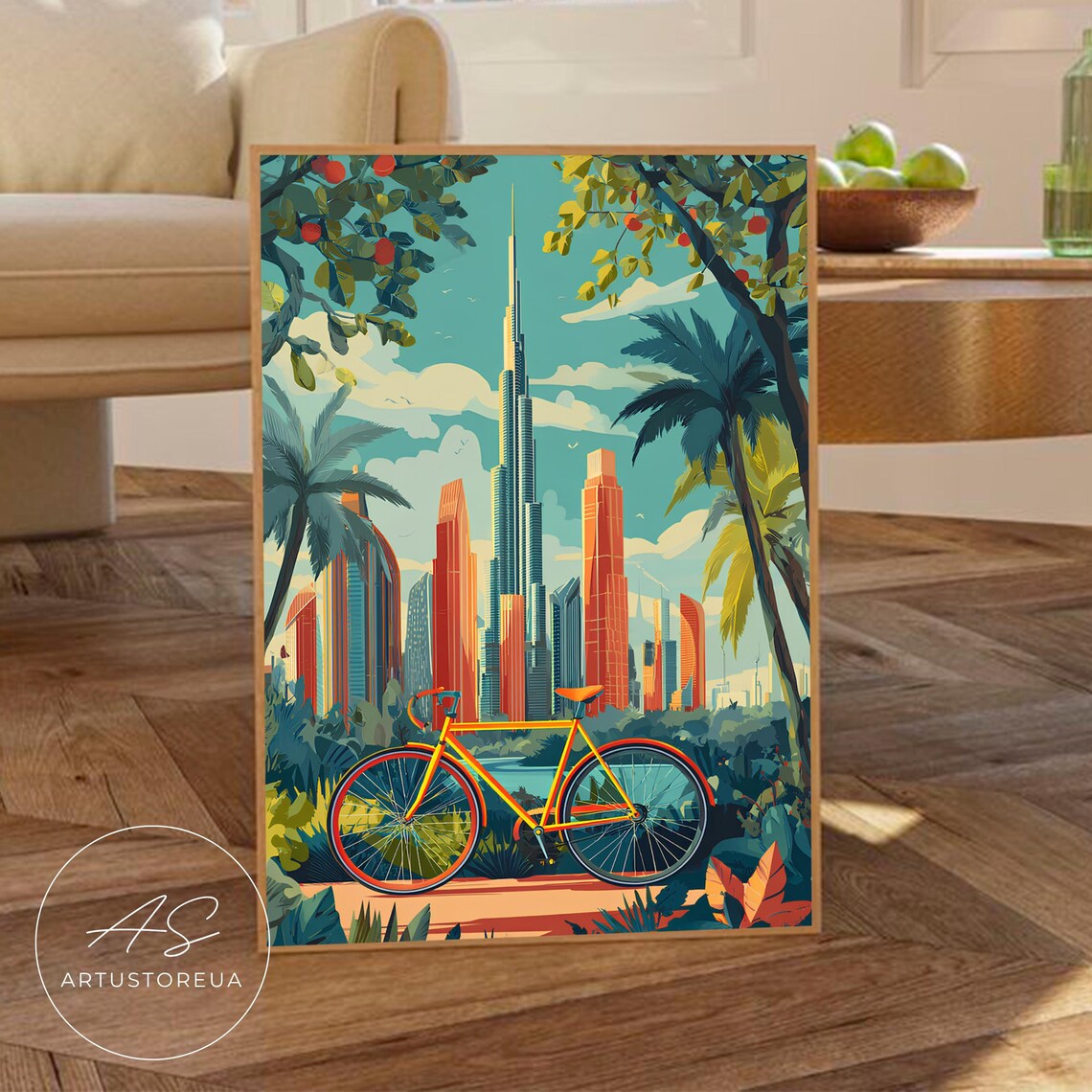 Dubai Vibrant Skyscrapers and Bike Travel Poster
