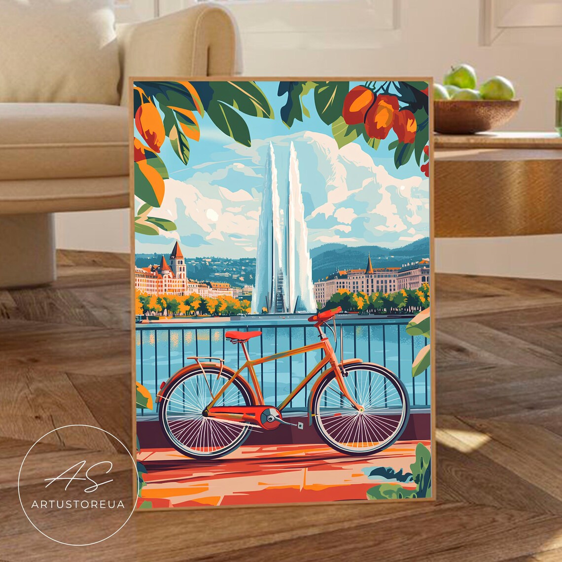 Geneva City Skyline With Bike, Travel Poster
