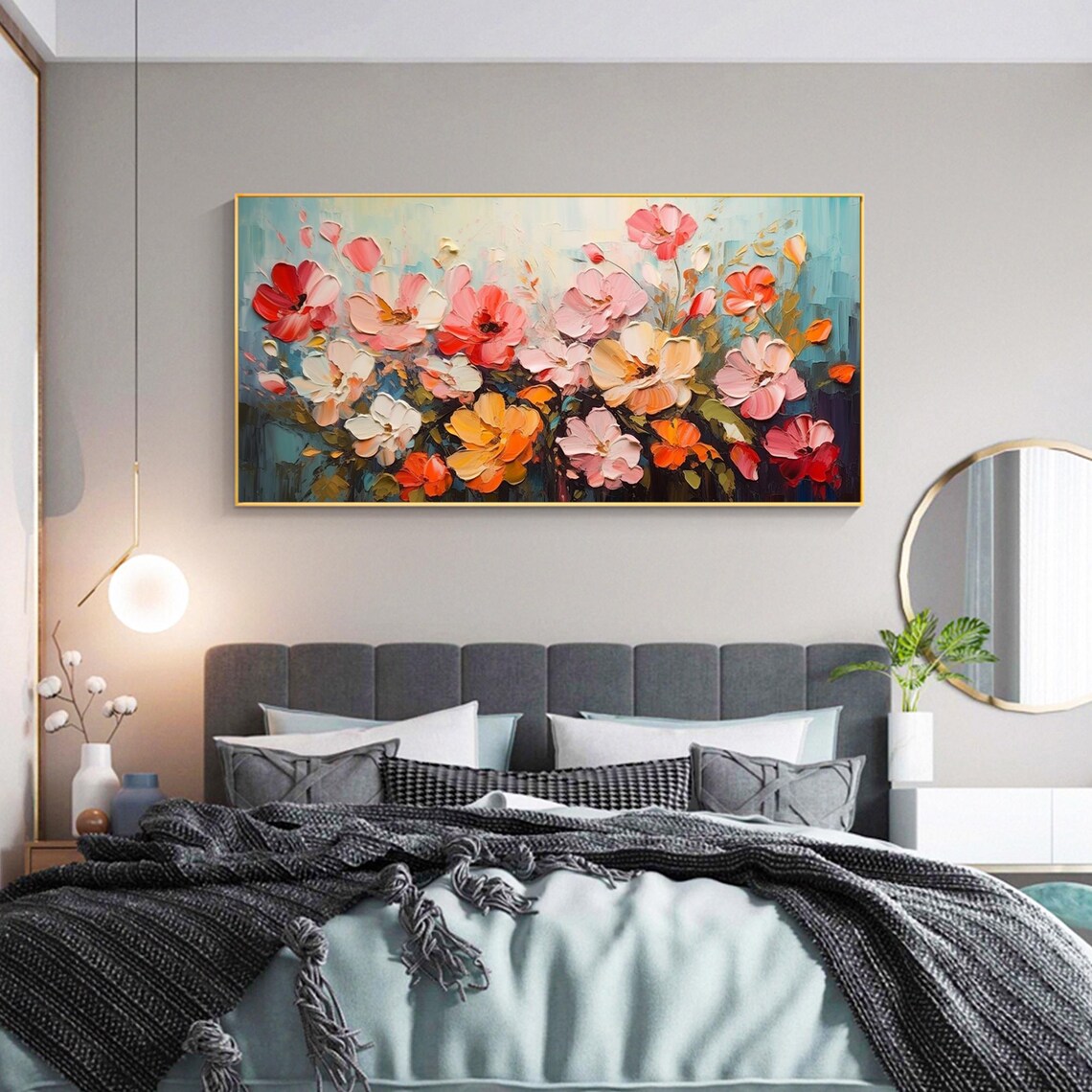 Pink Orange Blossom Garden Wide Impasto Floral Painting Poster - Image 3