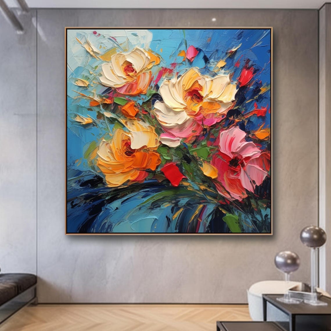 Vibrant Impasto Flower Bouquet On Cobalt Blue Oil Painting Poster - Image 3
