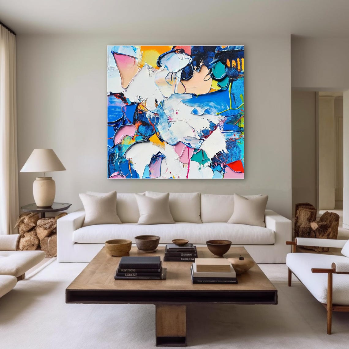 Bold Colorful Abstract Impasto Blue Pink White Expressive Art Poster - Image 2