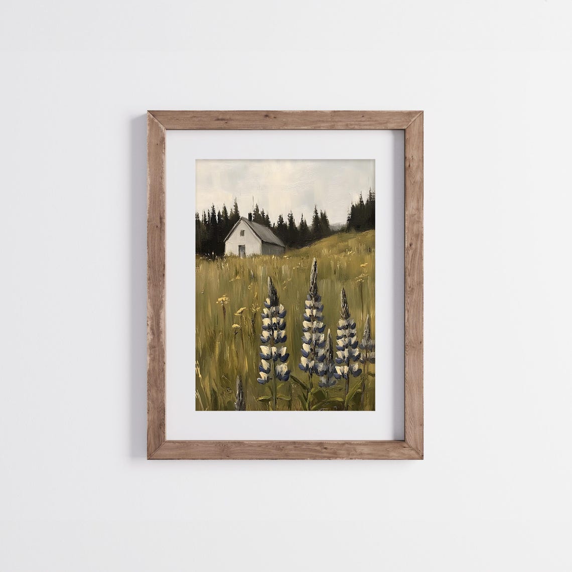 White Farmhouse With Purple Lupines Vintage Meadow Painting Poster - Image 3
