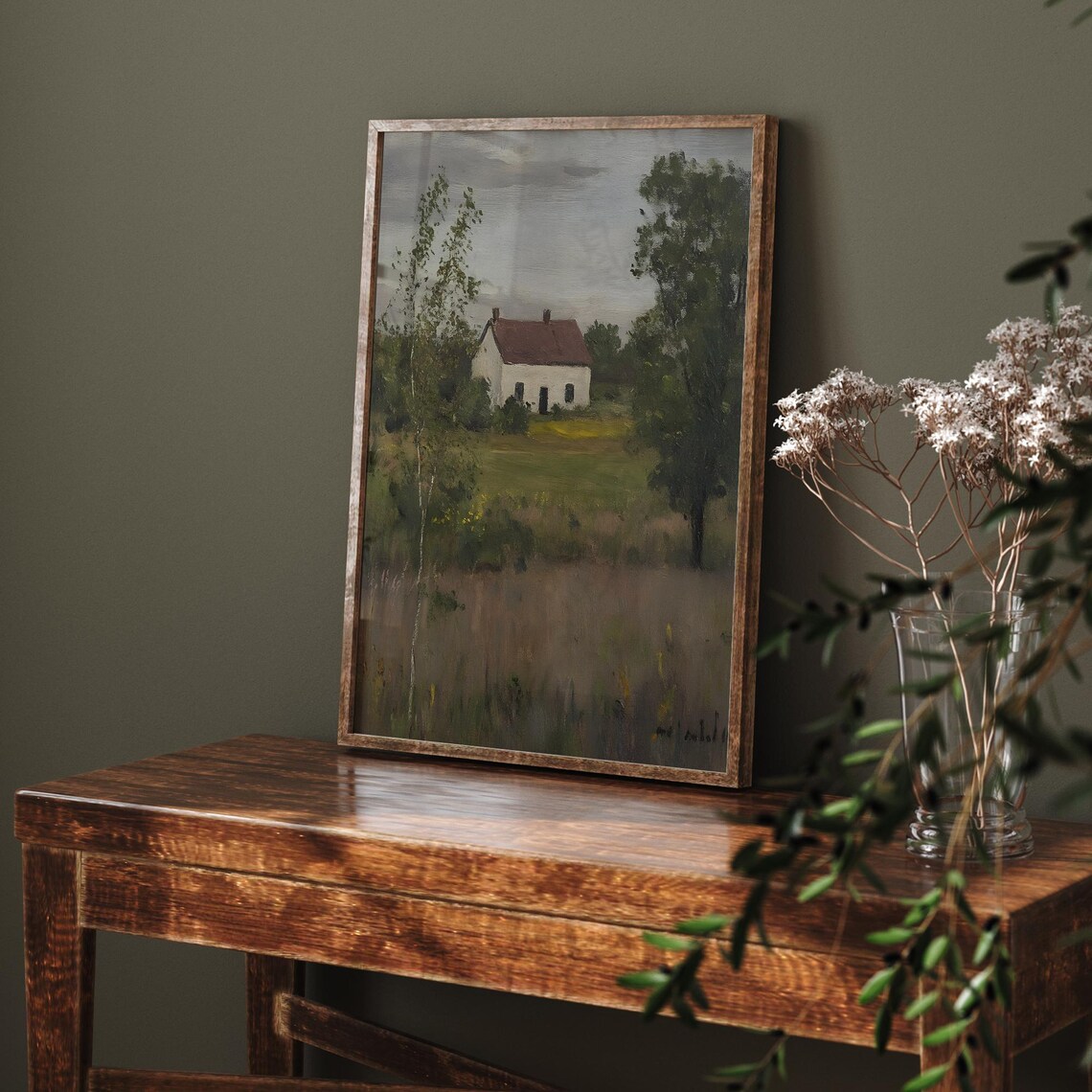 White House With Red Roof In Green Meadow Vintage Painting Poster - Image 6