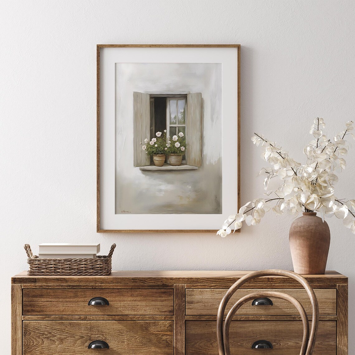 Shuttered Window With Potted Flowers On Sill Soft Neutral Spring Art Poster - Image 7