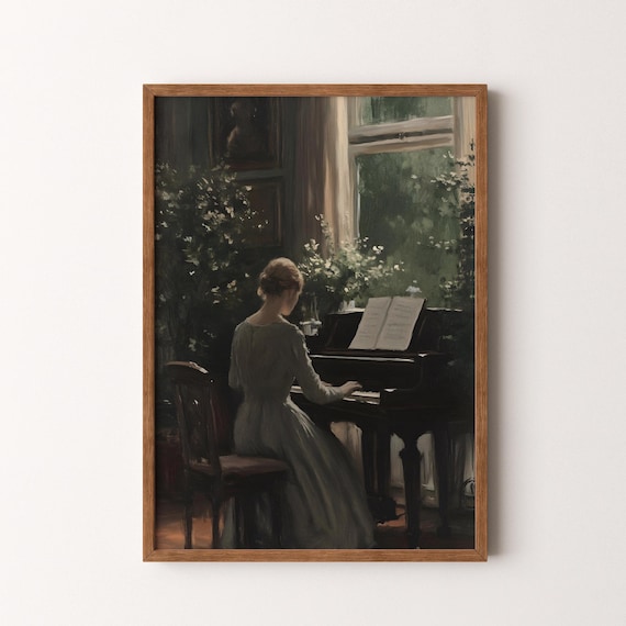 Woman Playing Piano By Window Moody Vintage Interior Painting Poster