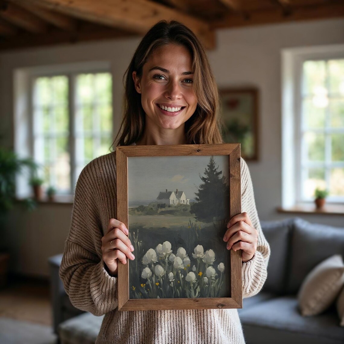 Coastal Cottages With White Tulips Vintage Seaside Landscape Painting Poster - Image 5
