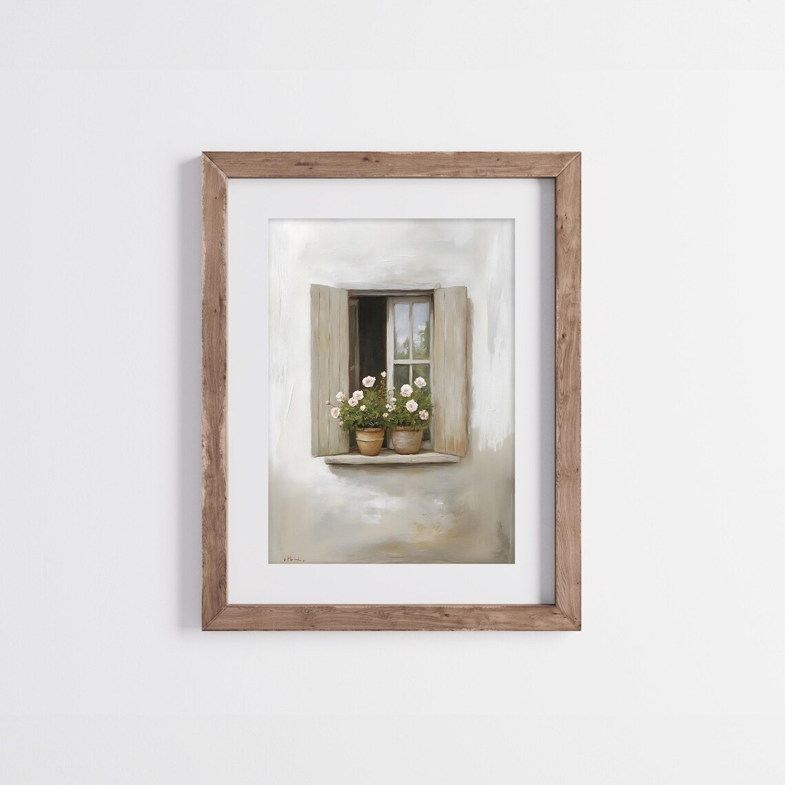 Shuttered Window With Potted Flowers On Sill Soft Neutral Spring Art Poster - Image 3