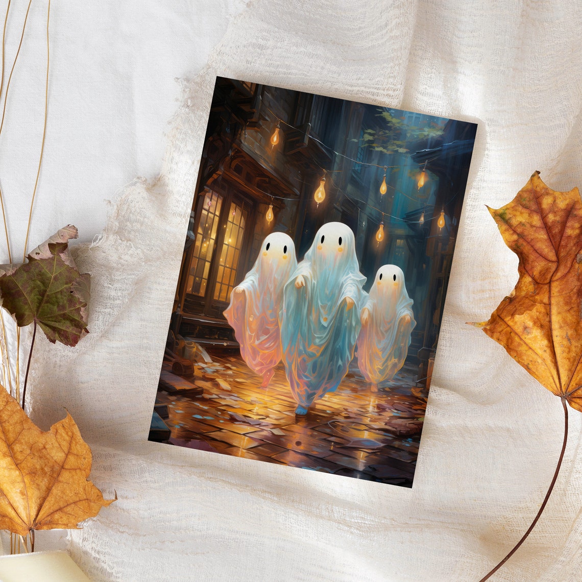 Three Cute Ghosts on a Lantern Lit Cobblestone Street Halloween Poster - Image 3