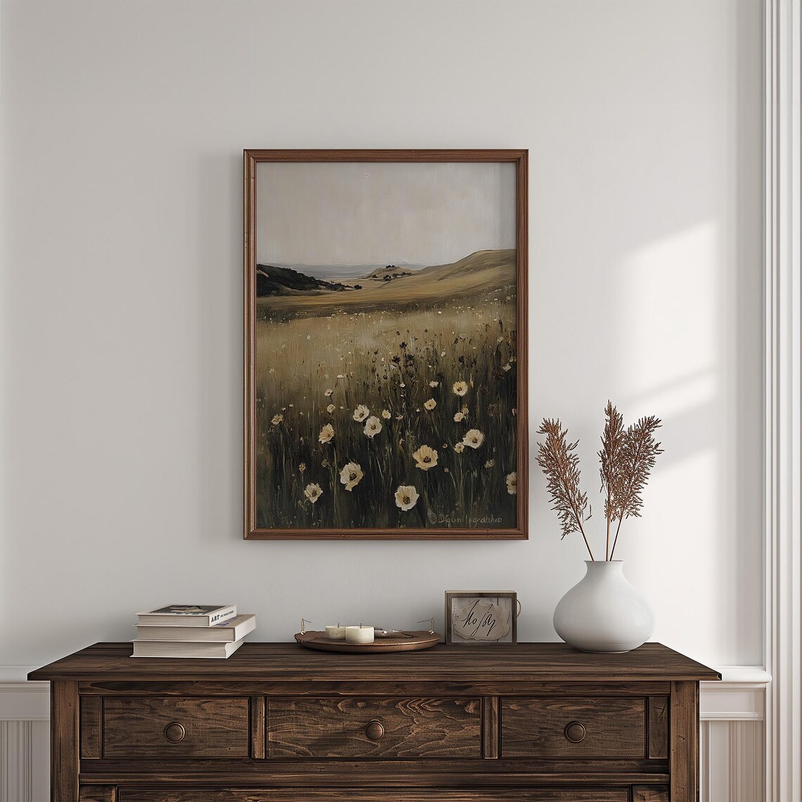 Golden Wildflower Meadow At Dusk Vintage Coastal Field Painting Poster - Image 4