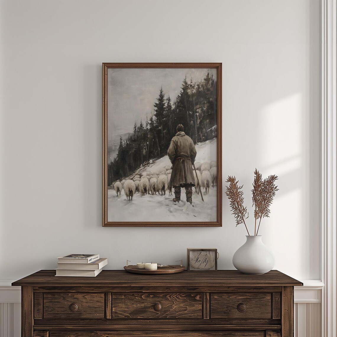 Vintage Winter Shepherd Painting, Rustic Snowy Woodlands Scene - Image 4
