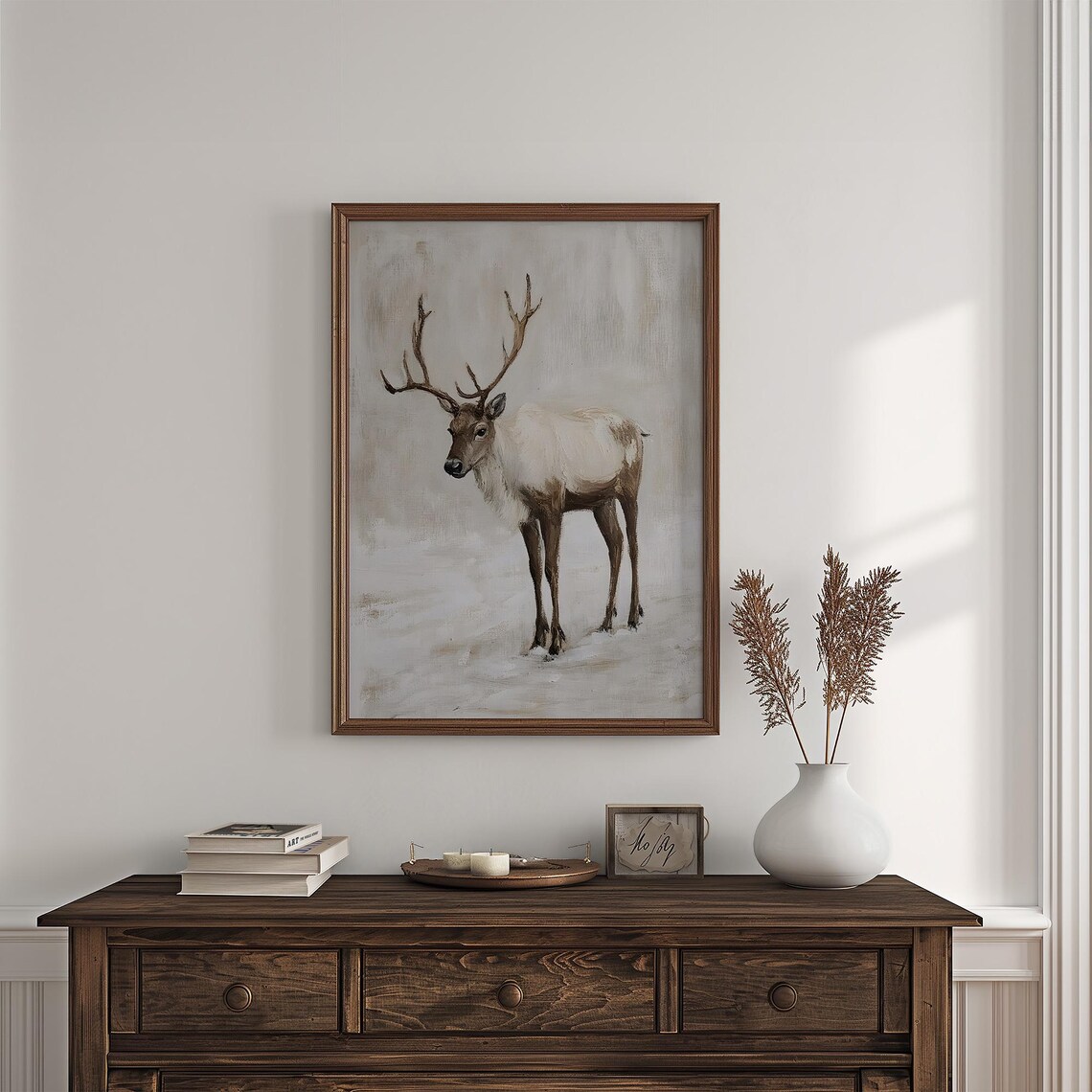Standing Reindeer In Snow Neutral Toned Vintage Winter Animal Poster - Image 7