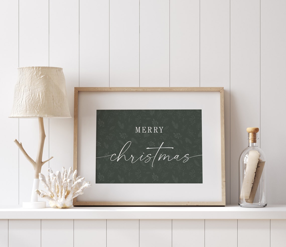 Merry Christmas Forest Green Botanical Horizontal Sign Poster - Image 3