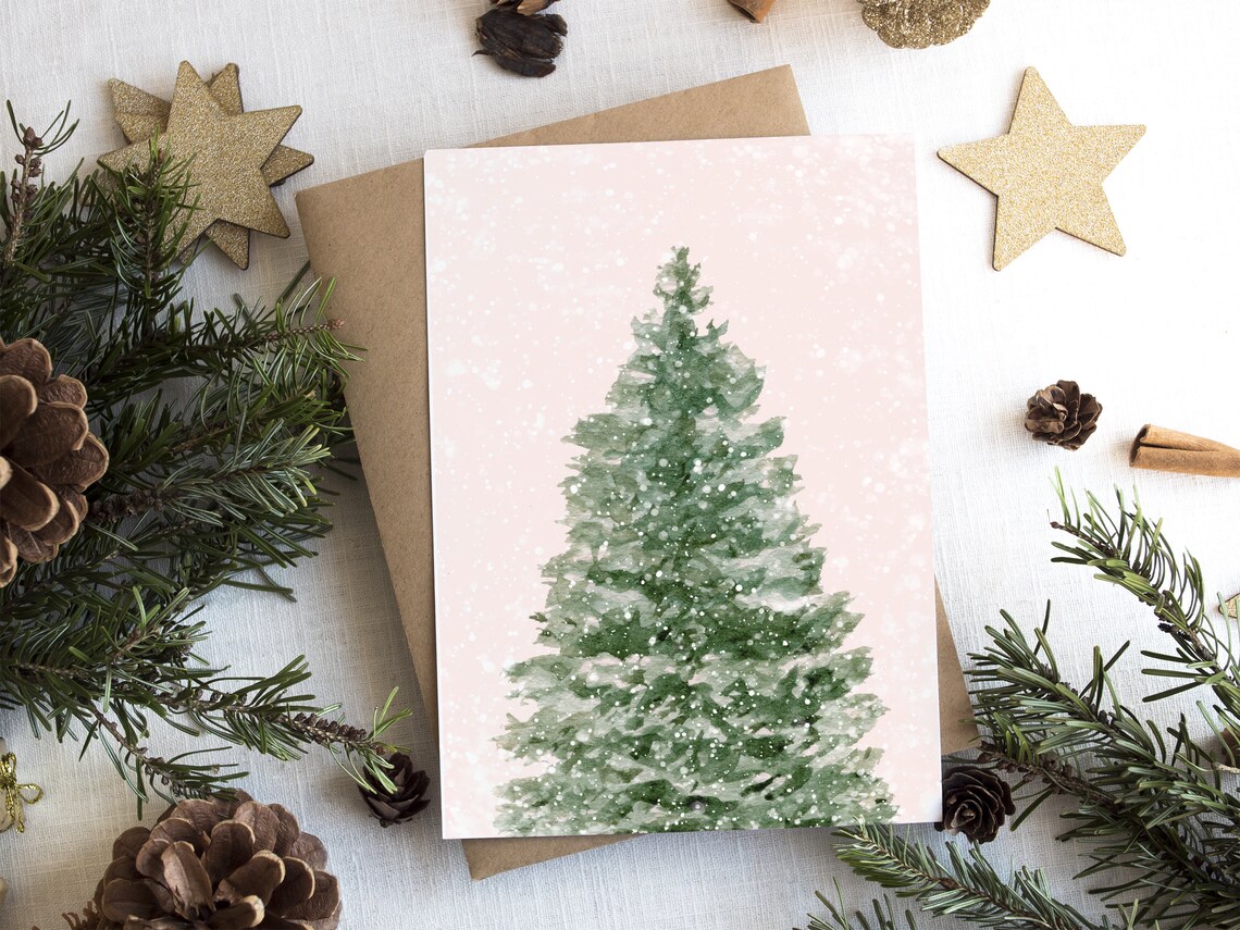 Snowy Evergreen Blush Pink Watercolor Winter Christmas Poster - Image 3