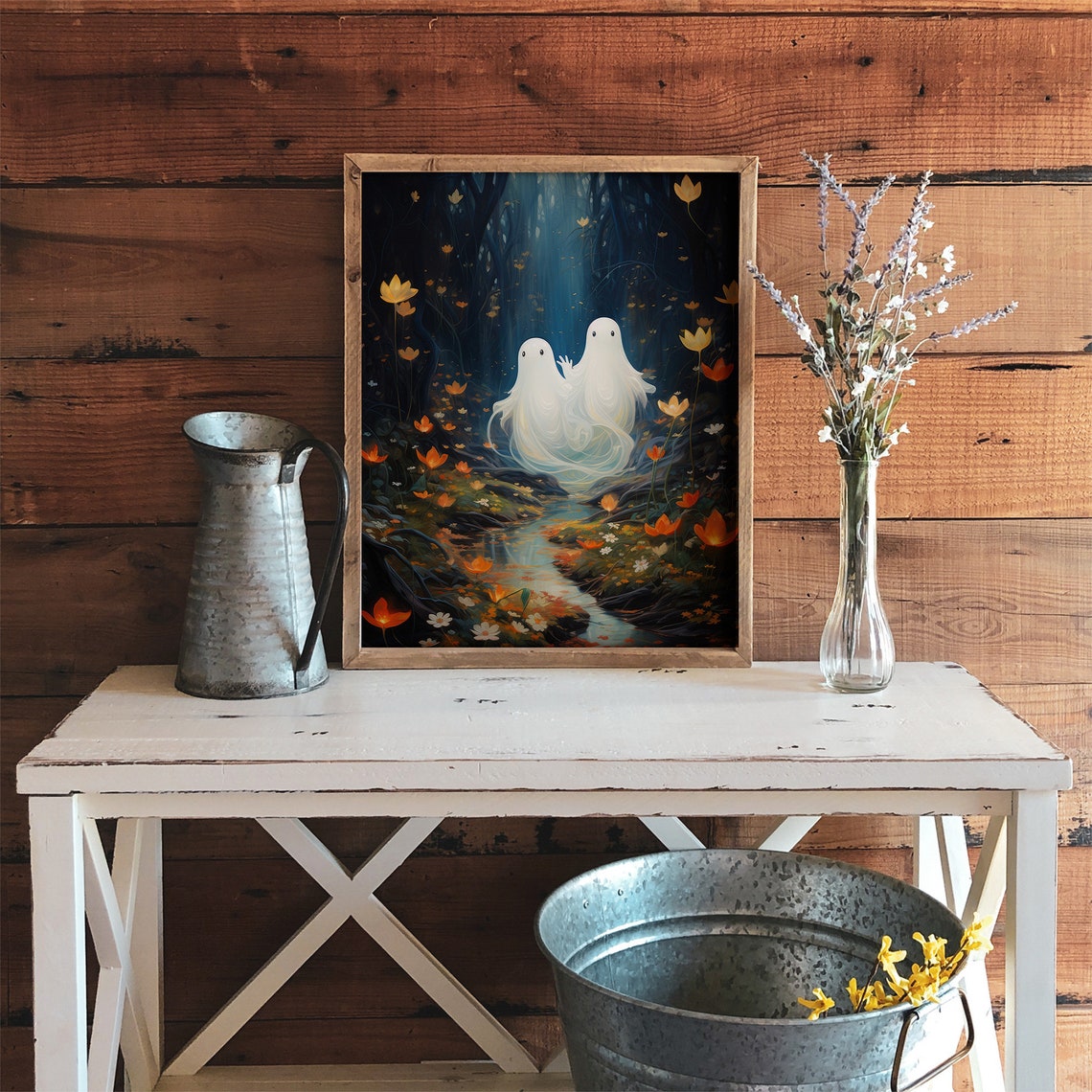 Two Friendly Ghosts In A Blue Flower Forest Halloween Poster - Image 3