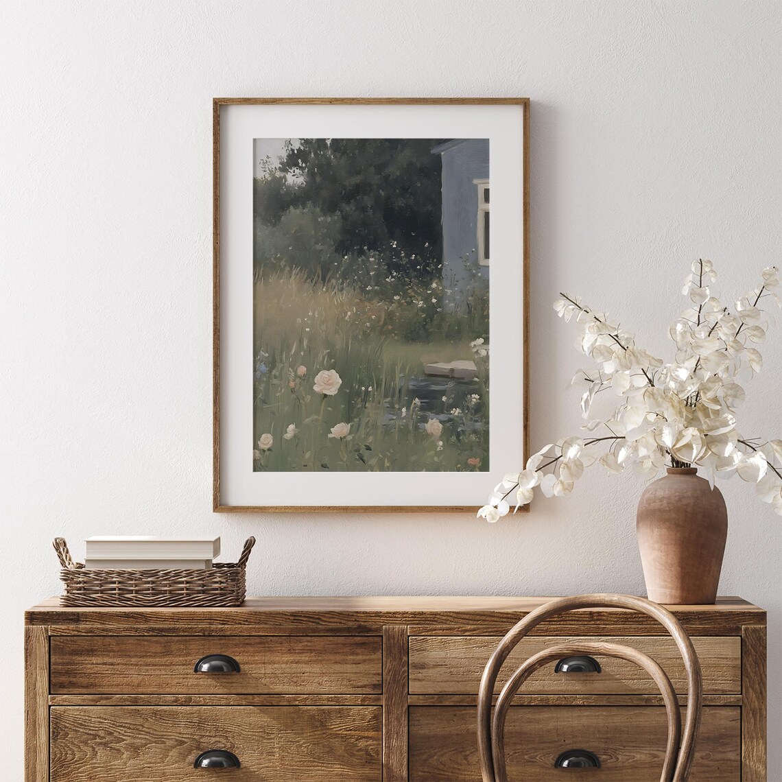 Vintage Rose Garden Cottage Pond Pale Roses Floral Oil Poster - Image 7