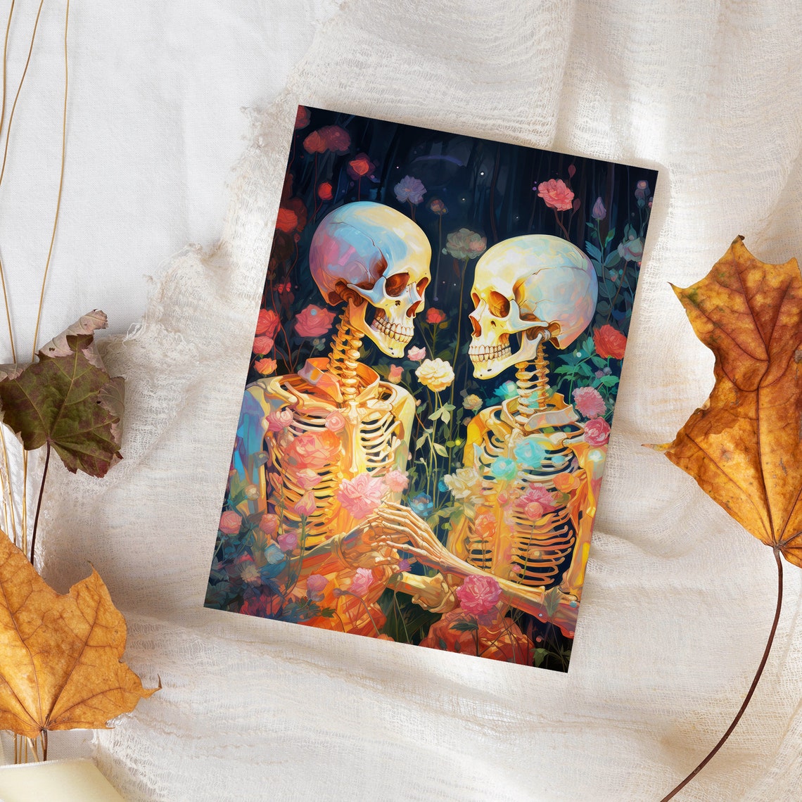 Skeleton Couple Holding Hands In Flower Garden Halloween Poster - Image 4