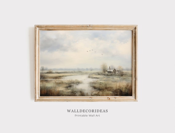 Lake Landscape Oil Painting Vintage Rustic Country Decor Art Antique Artwork Wall Art