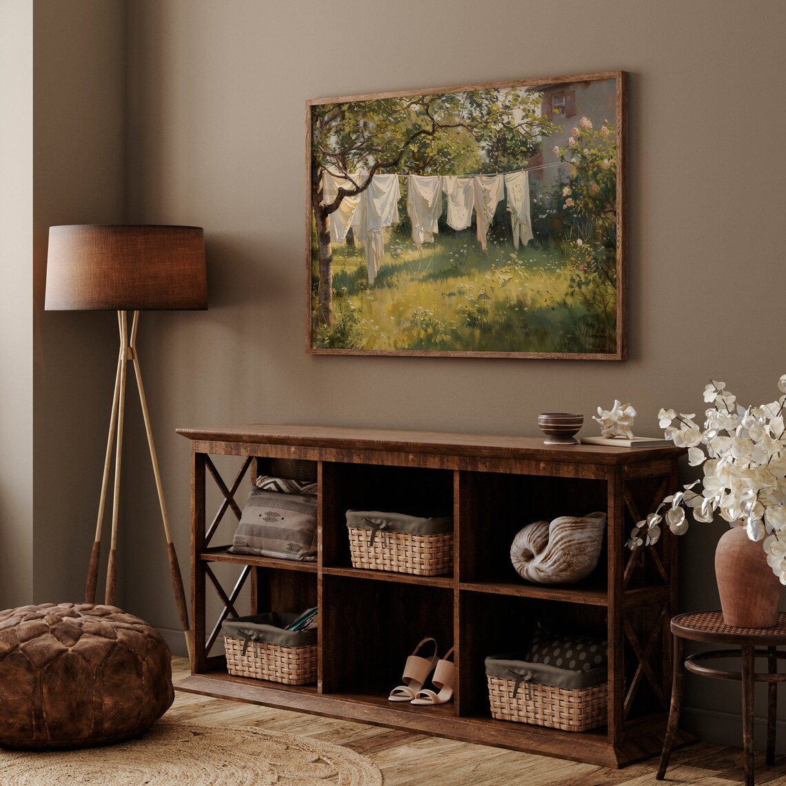 Sunlit Laundry Line in Cottage Garden Vintage Summer Painting Poster - Image 3