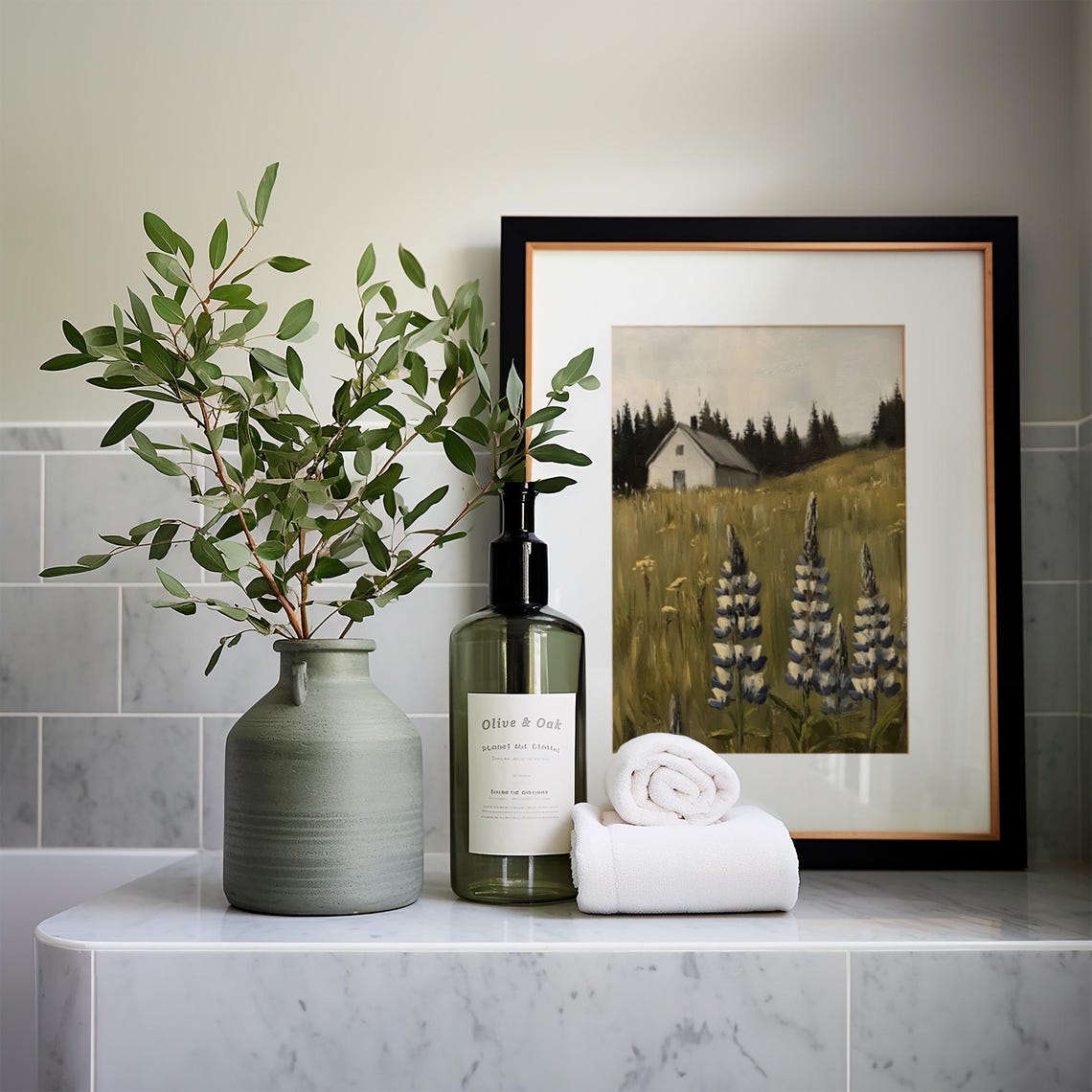 White Farmhouse With Purple Lupines Vintage Meadow Painting Poster - Image 5