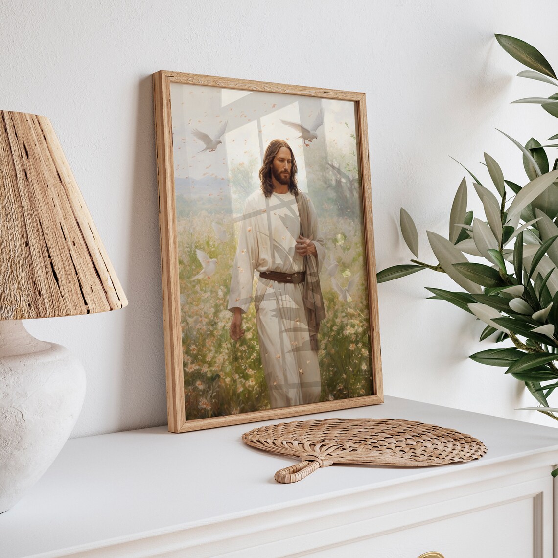 Jesus Christ Walking In Wildflower Meadow With Doves Inspirational Art Poster - Image 3