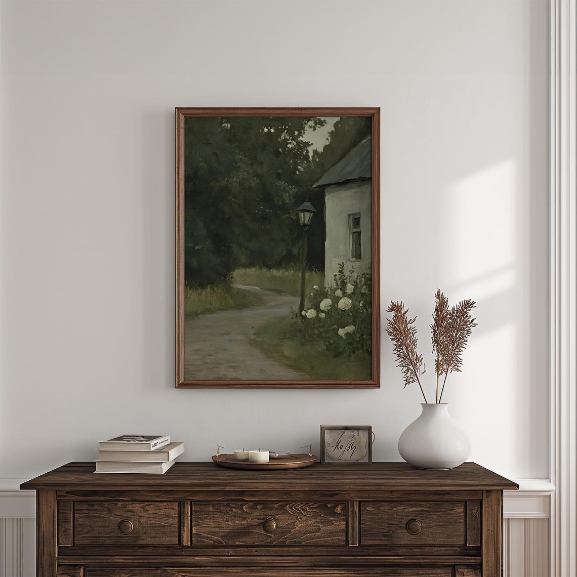 Dusk Cottage Path Vintage Lamppost White Roses Moody Night Poster - Image 4