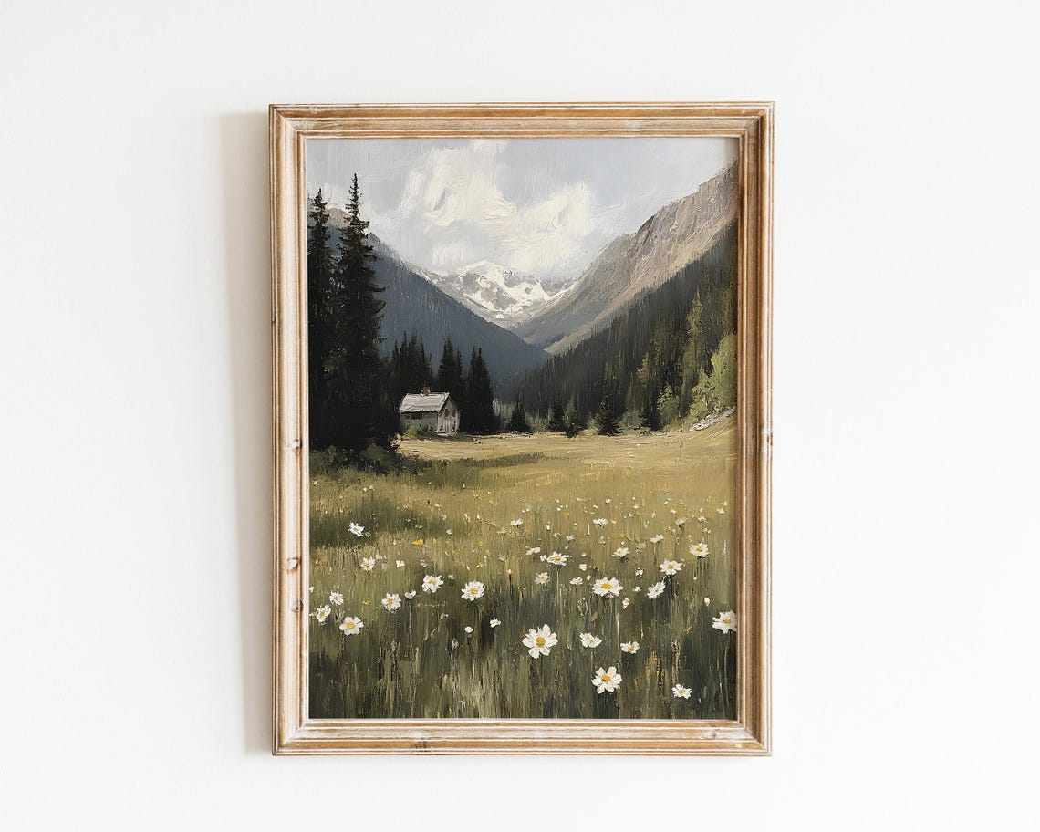 Alpine Meadow With Daisies And Cabin Vintage Mountain Painting Poster