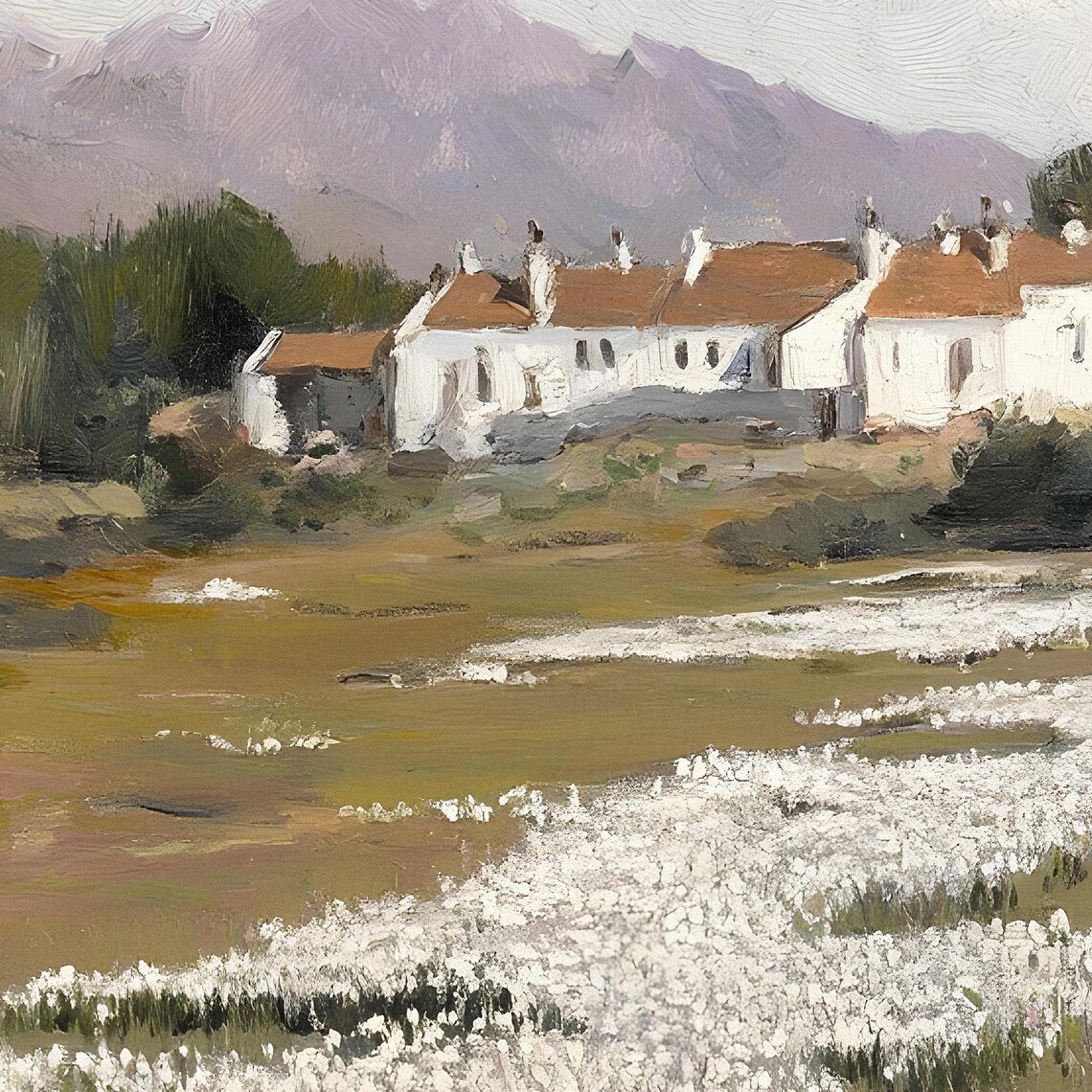 Mountain Village With White Flower Field Vintage Rustic Painting Poster - Image 2