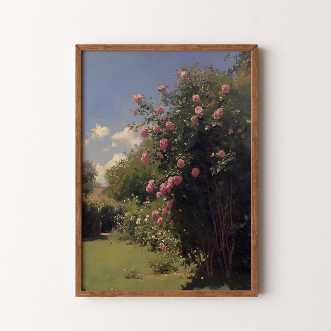 Vintage Rose Garden Painting, Flowering Tree Art