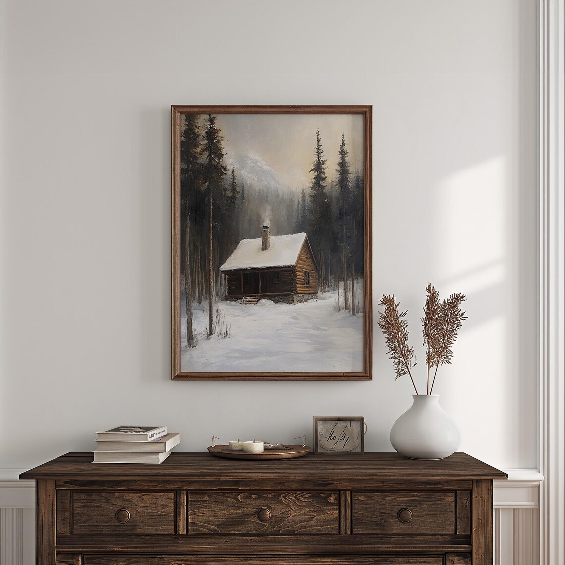Rustic Log Cabin In Misty Snowy Pine Forest With Chimney Smoke Winter Poster - Image 3