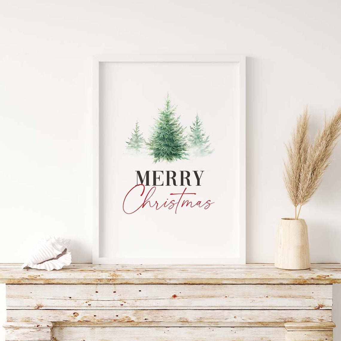 Merry Christmas Watercolor Pine Trees Red Script Holiday Poster - Image 2