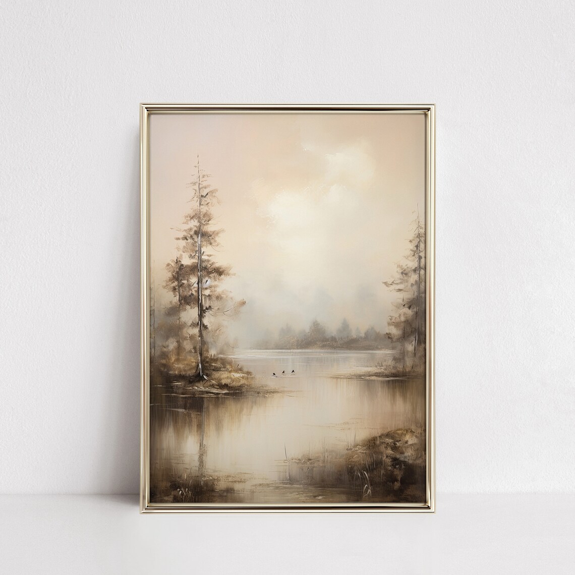 Foggy Morning Lake with Pine Trees and Birds Sepia Tone Vintage Art Poster - Image 4
