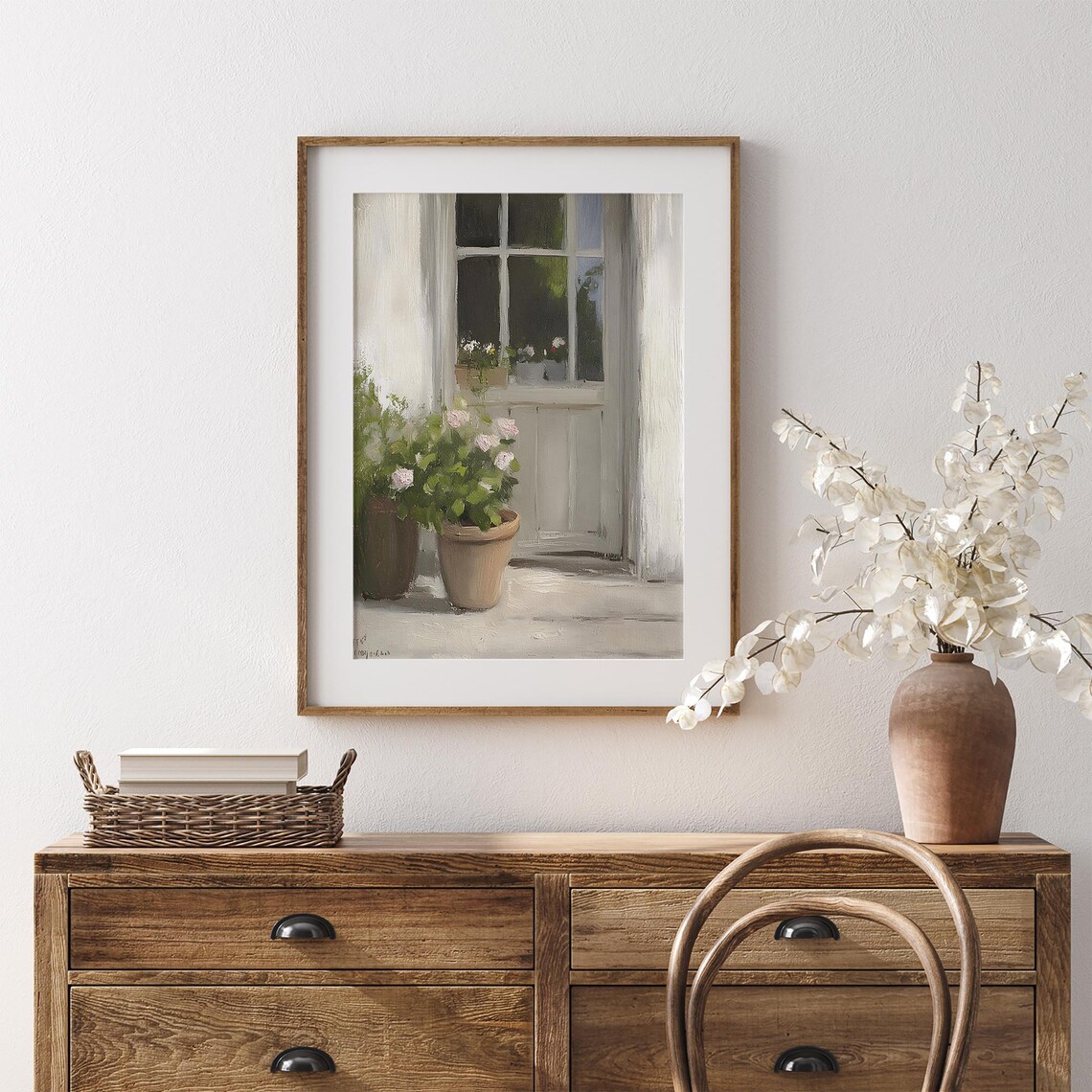 White Window With Terracotta Rose Pots On Sunlit Patio Spring Floral Poster - Image 7