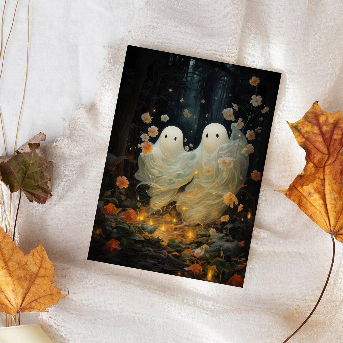 Two Ghosts Among Flowers in a Moonlit Forest Magical Halloween Art Poster - Image 4