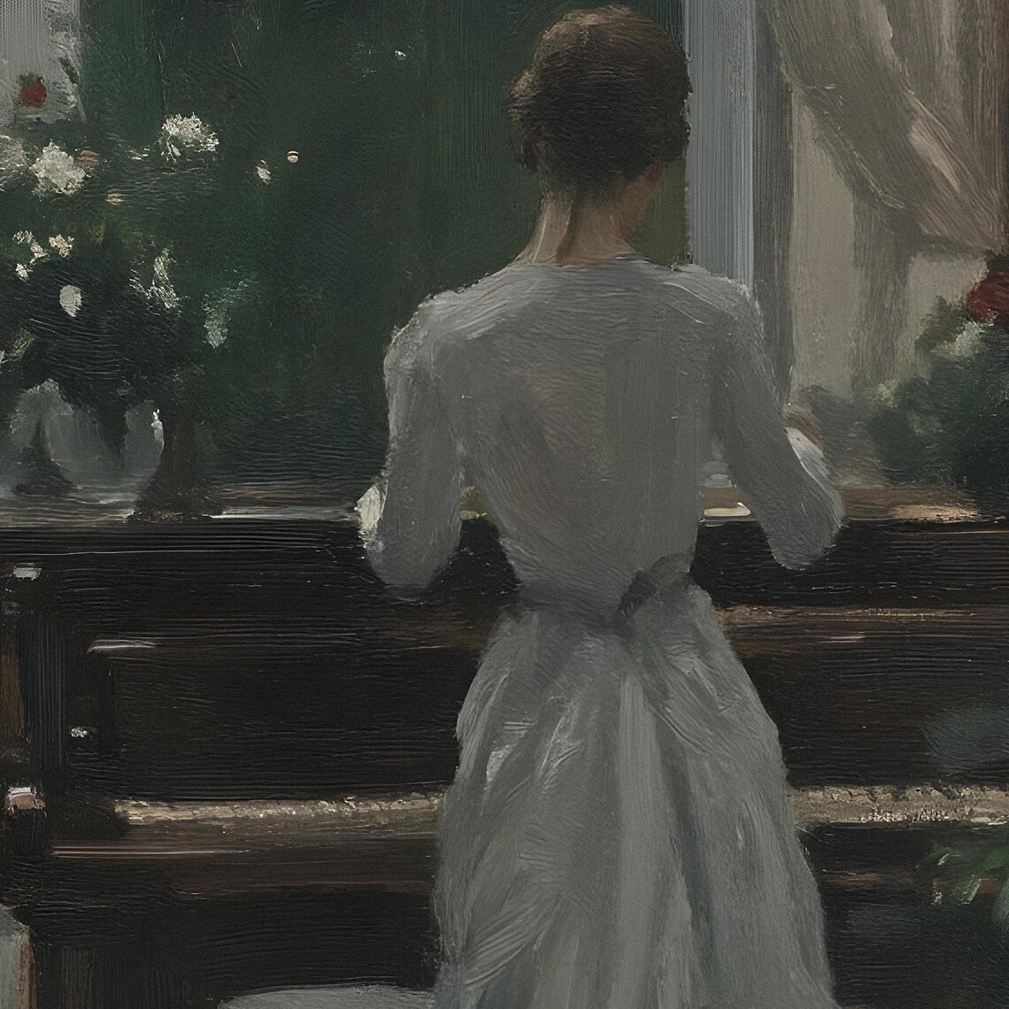 Lady At Piano White Dress Moody Drawing Room Portrait Painting Poster - Image 2