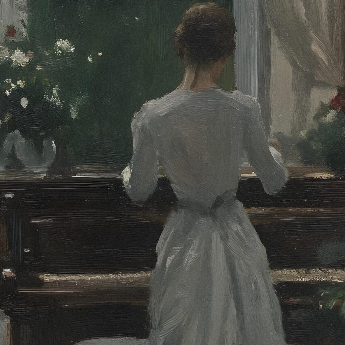 Vintage Elegant Lady Interior Painting Moody Green Drawing Room Scene Vi251 - Image 2