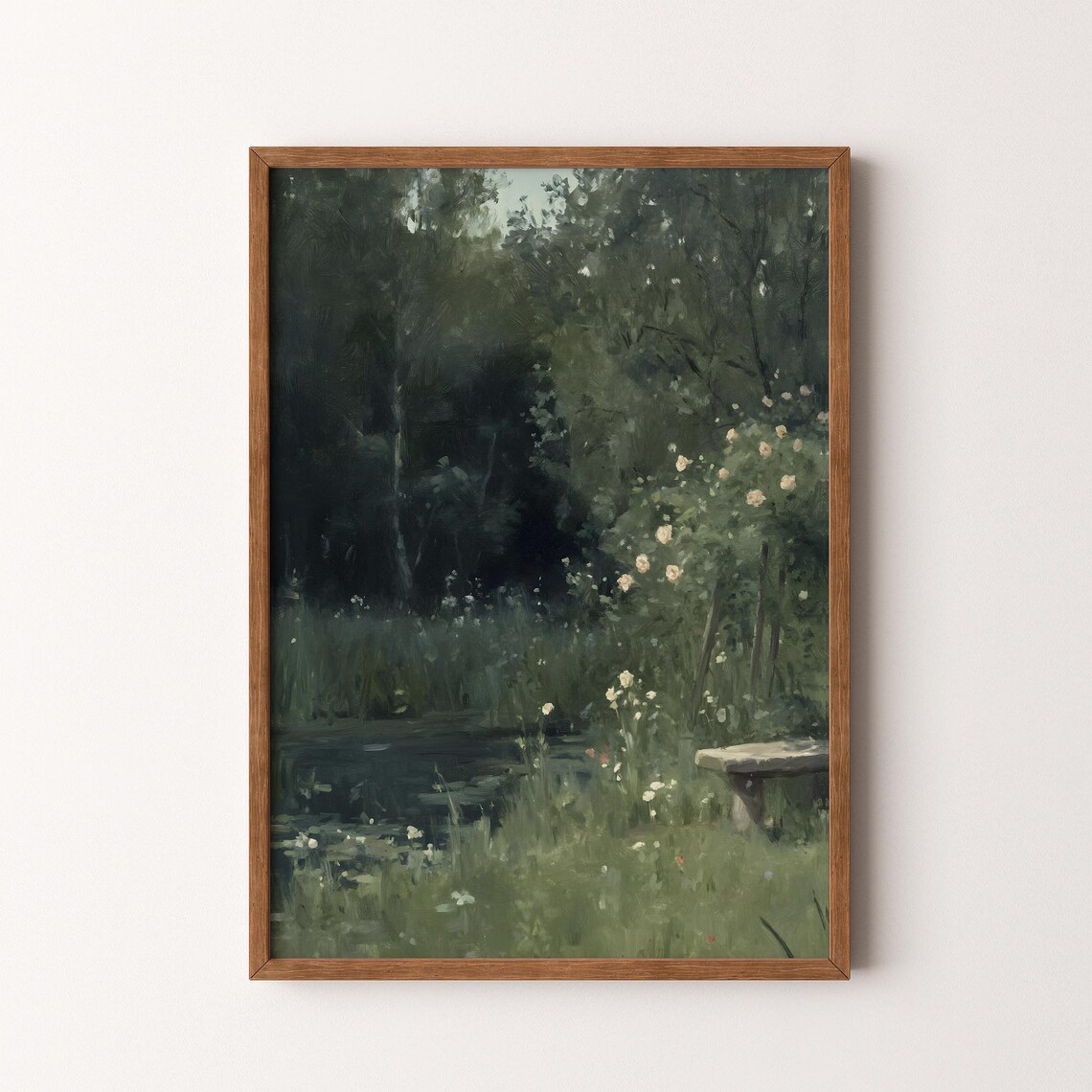 Moody Garden Pond Bench Dark Green Forest Oil Painting Wall Art