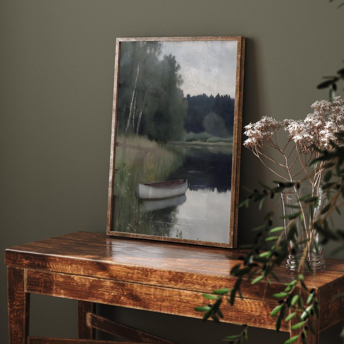 Canoe On Still Lake At Dusk Moody Vintage Lakeside Painting Poster - Image 6