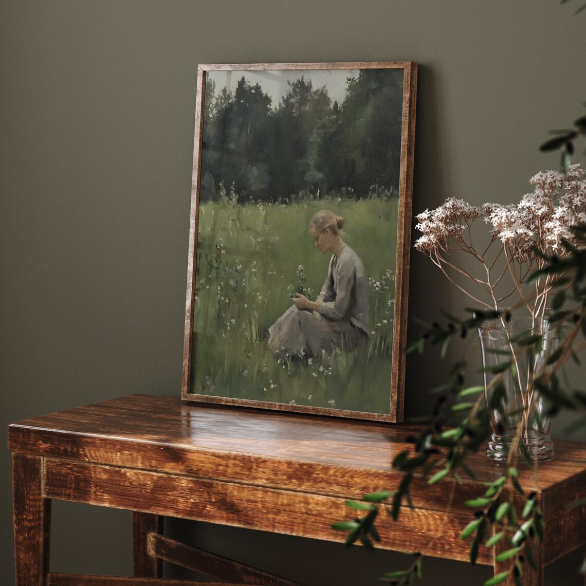 Woman Picking Flowers Meadow Green Field Dark Forest Edge Oil Poster - Image 6