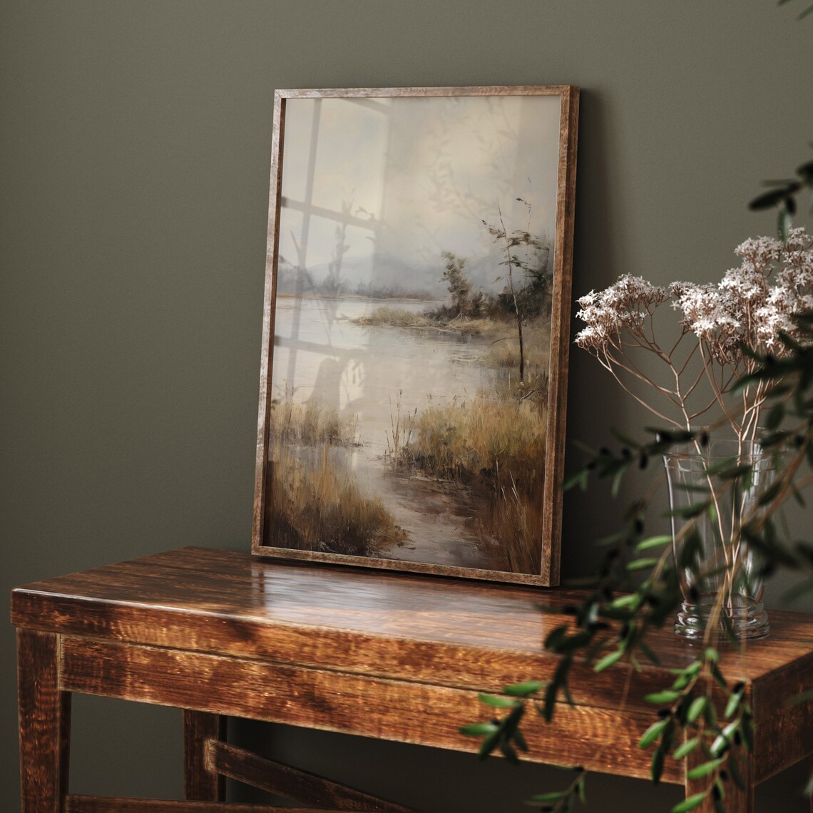 Muted Gray Lake Landscape with Reeds and Soft Light Vintage Oil Art Poster - Image 2