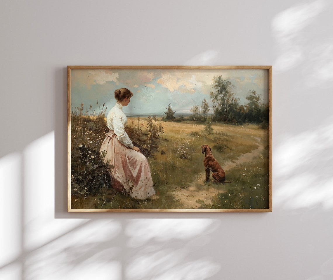 Vintage Oil Painting A Woman In A Field Of Flowers Wildflower Wall Art Flowers Wall Art Floral Painting Landscape Oil Painting - Image 3