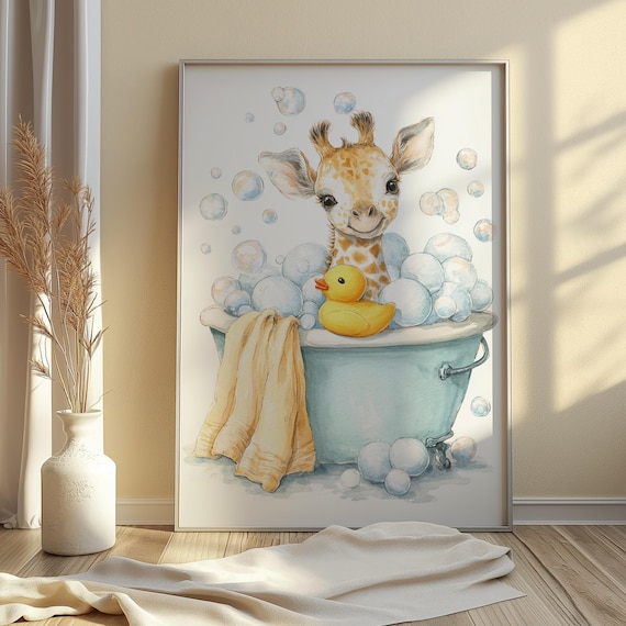 Baby Giraffe Bubble Bath Watercolor Adorable Nursery Room Decor Poster
