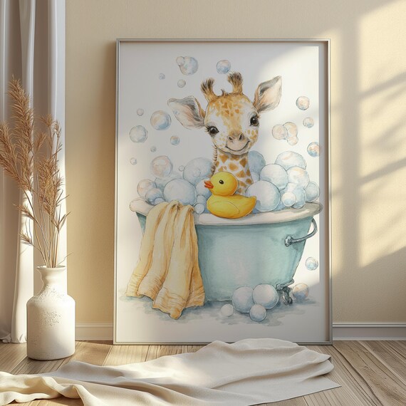 Cute Baby Giraffe Bubble Bath Illustration Nursery Wall Art Animal Kids Room Decor Artwork For Children 96