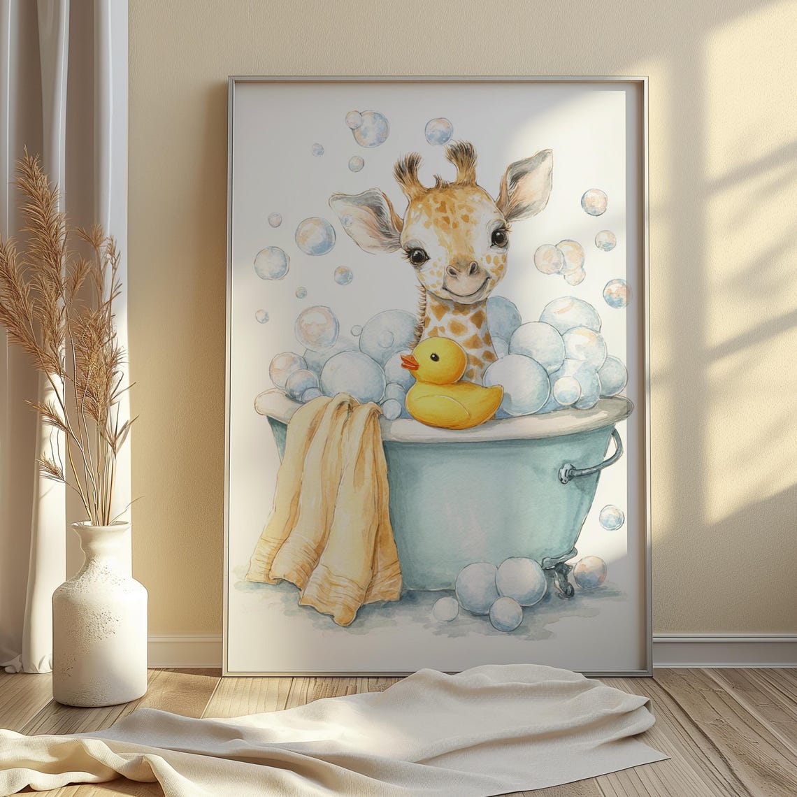 Baby Giraffe Bubble Bath Watercolor Adorable Nursery Room Decor Poster