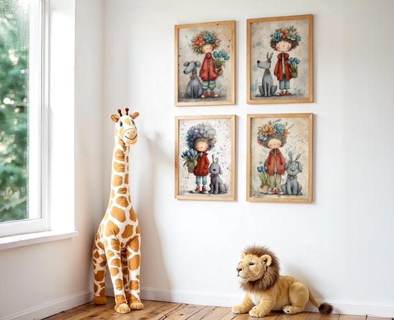 Whimsical Boy And Dog Nursery Prints Watercolor Flower Crown Set Of 4