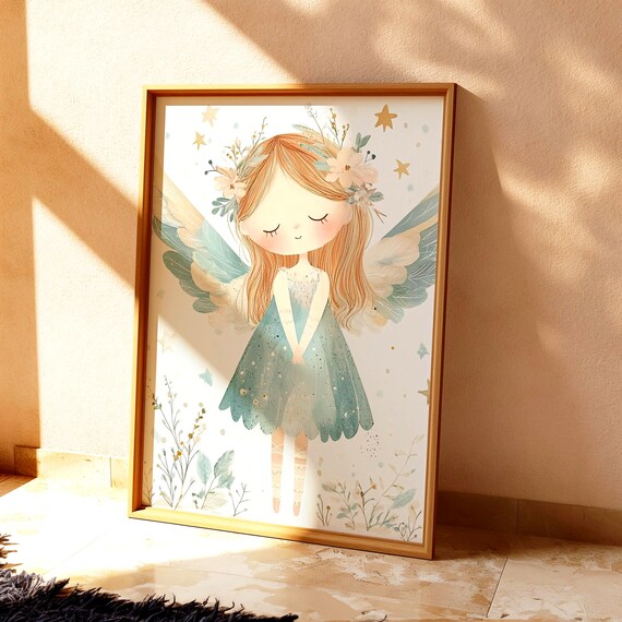 Whimsical Teal Angel Girl with Floral Crown Nursery Watercolor Poster