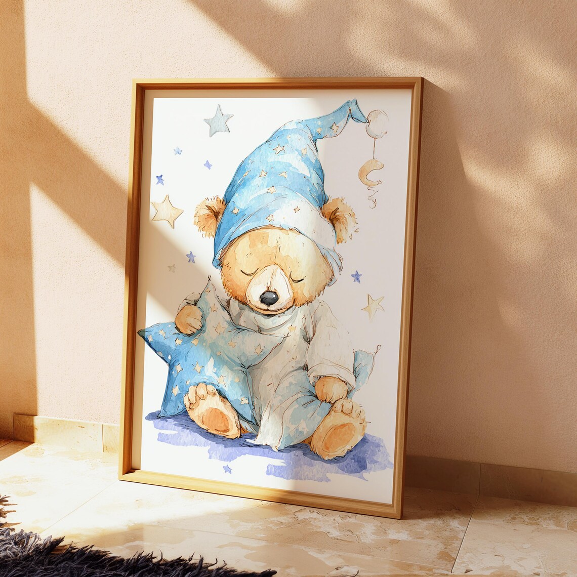 Sleepy Teddy Bear in Blue Starry Nightcap Pajamas Baby Room Poster