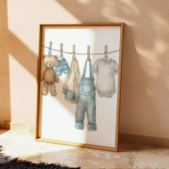 Watercolor Baby Clothesline Print Cute Hanging Clothes Nursery Wall Art Instant Shower Gift 140