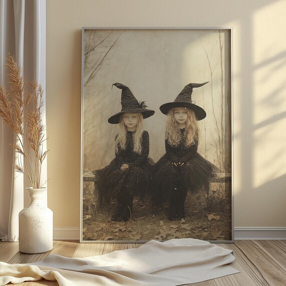 Vintage Halloween Witches Pair Print Gothic Instant Wall Art Spooky Black Dress Creepy Cute Home Decor 173